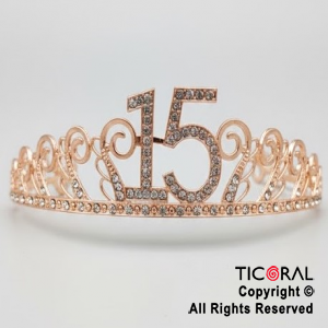 TIARA CORONA 15 A�OS METAL ROSA GOLD CON STRASS X 1
